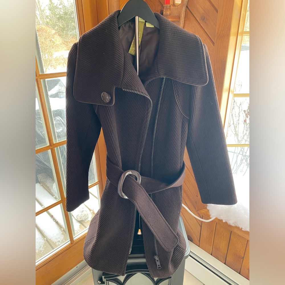 Soia & Kyo Size M Wool Shawl Collar Belted Mid Length Textured Coat
